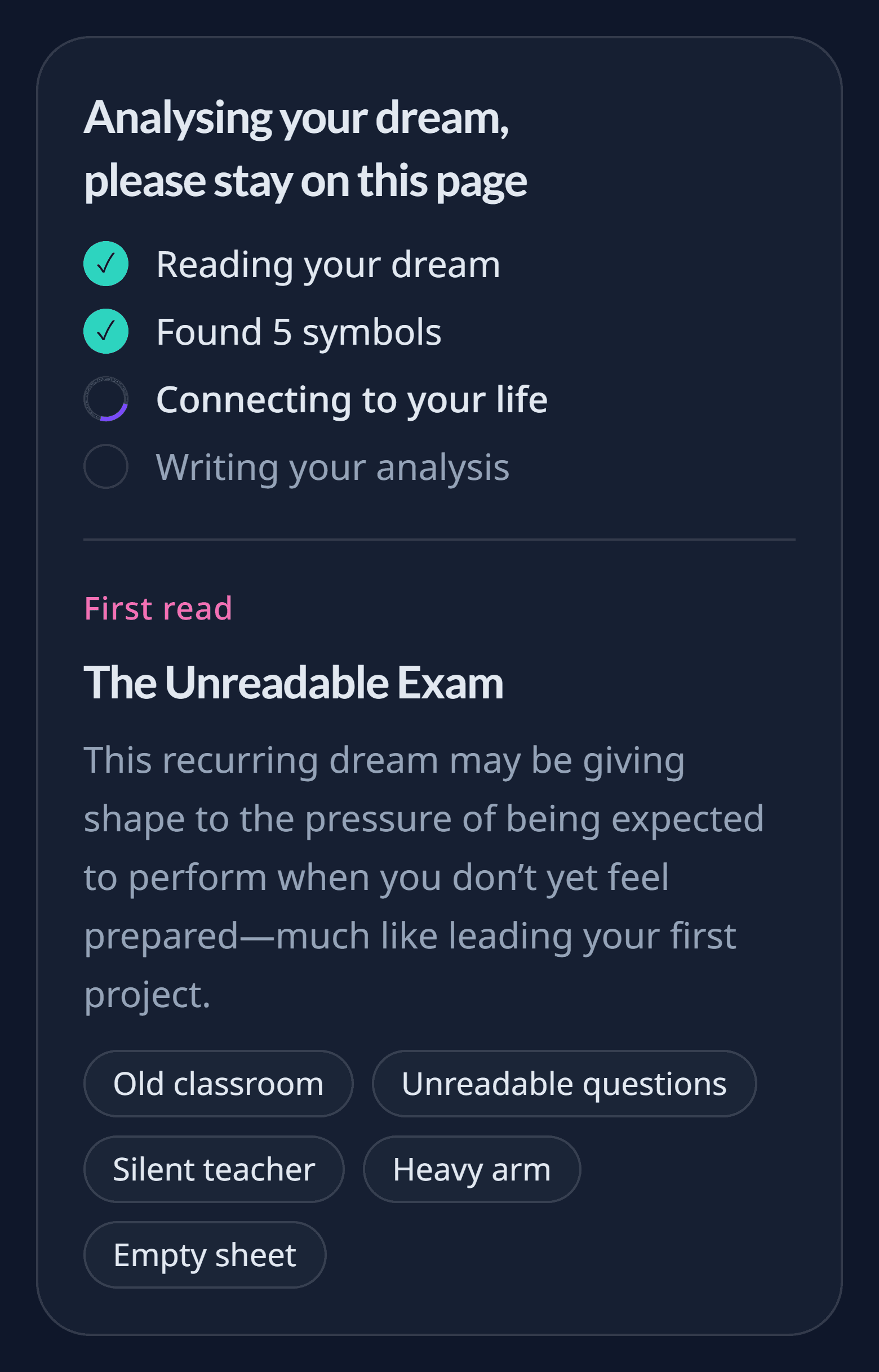 Dreavie’s waiting screen: two finished steps and the first read with the title “The Unreadable Exam” and five symbols