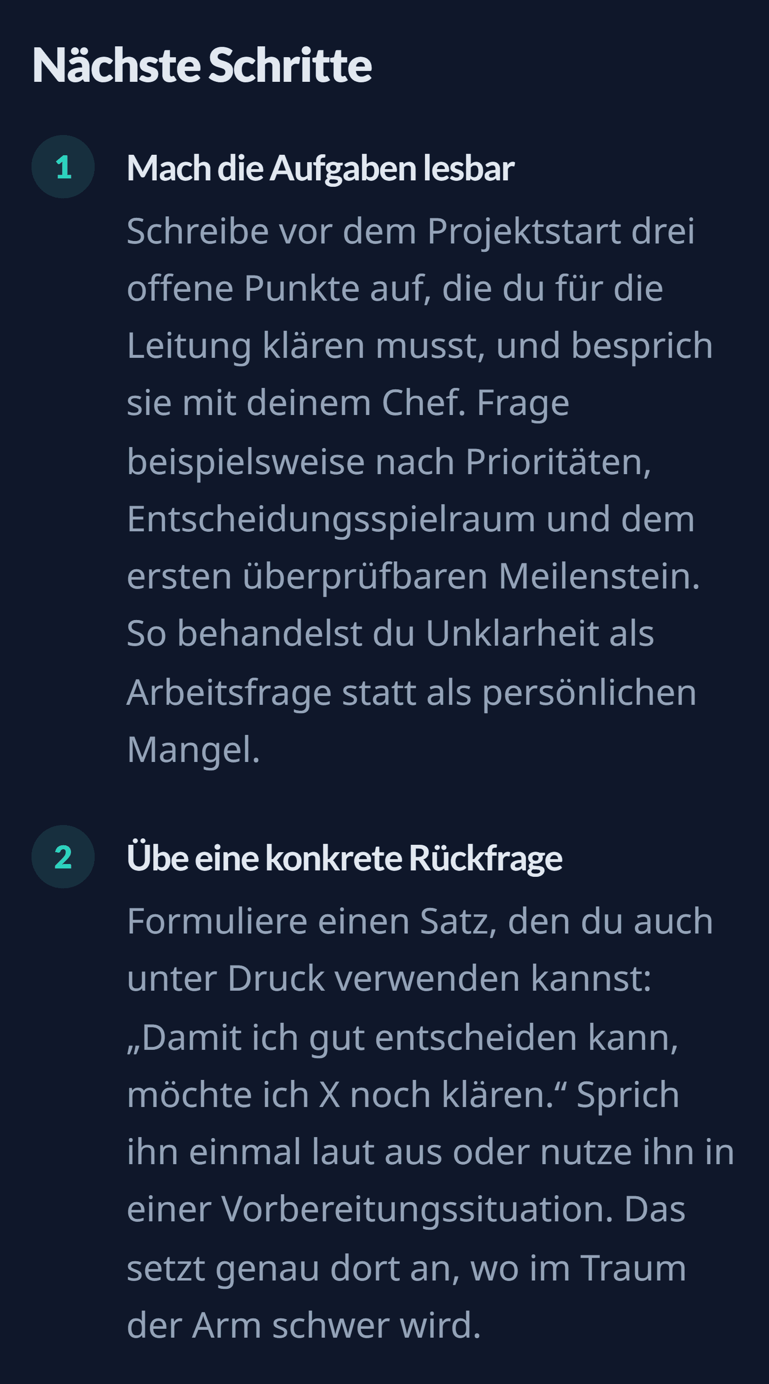 Die ersten zwei von fünf nächsten Schritten aus der Beispielanalyse: „Mach die Aufgaben lesbar“ und „Übe eine konkrete Rückfrage“
