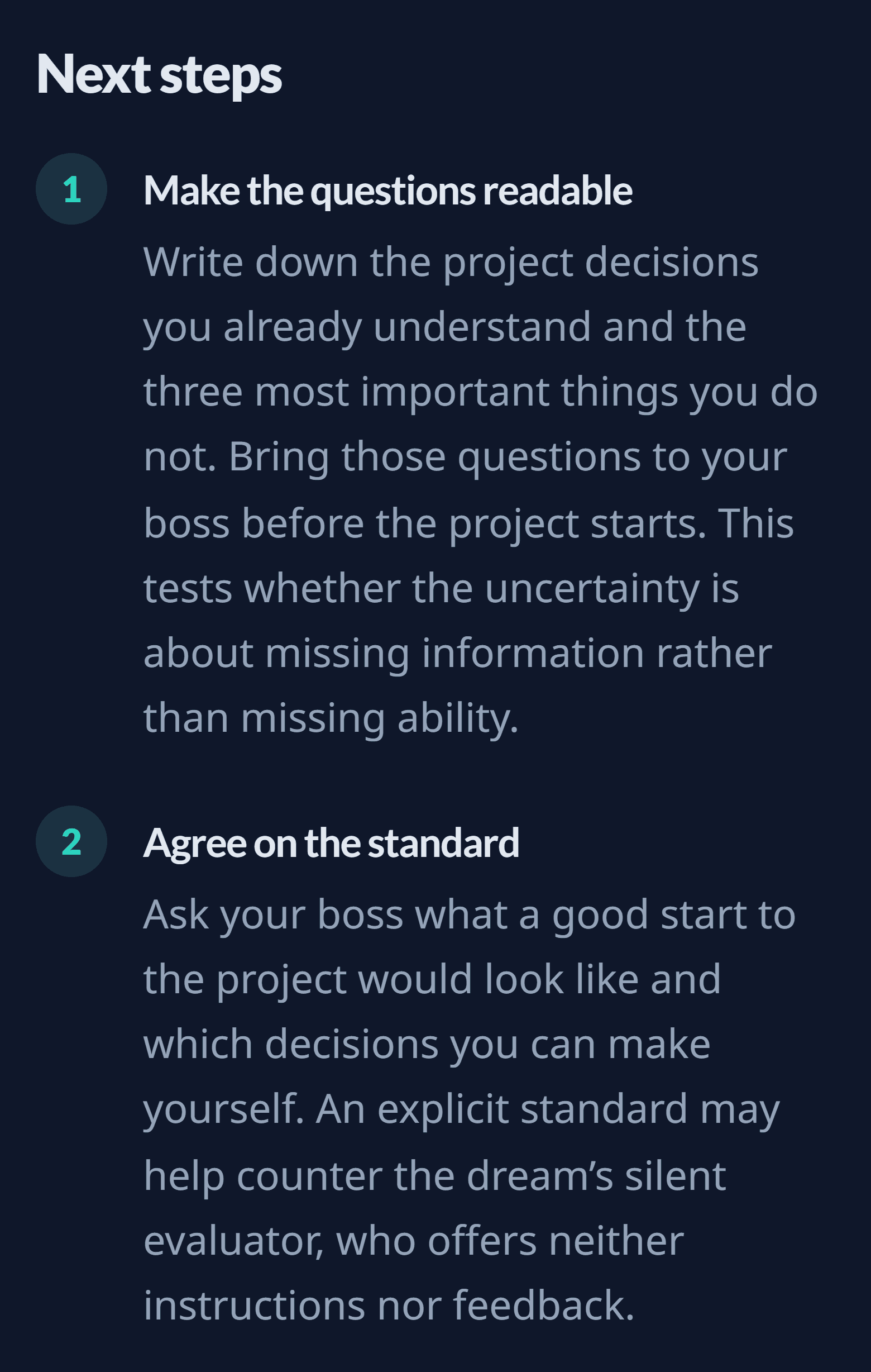 The first two of five next steps from the example analysis: “Make the questions readable” and “Agree on the standard”
