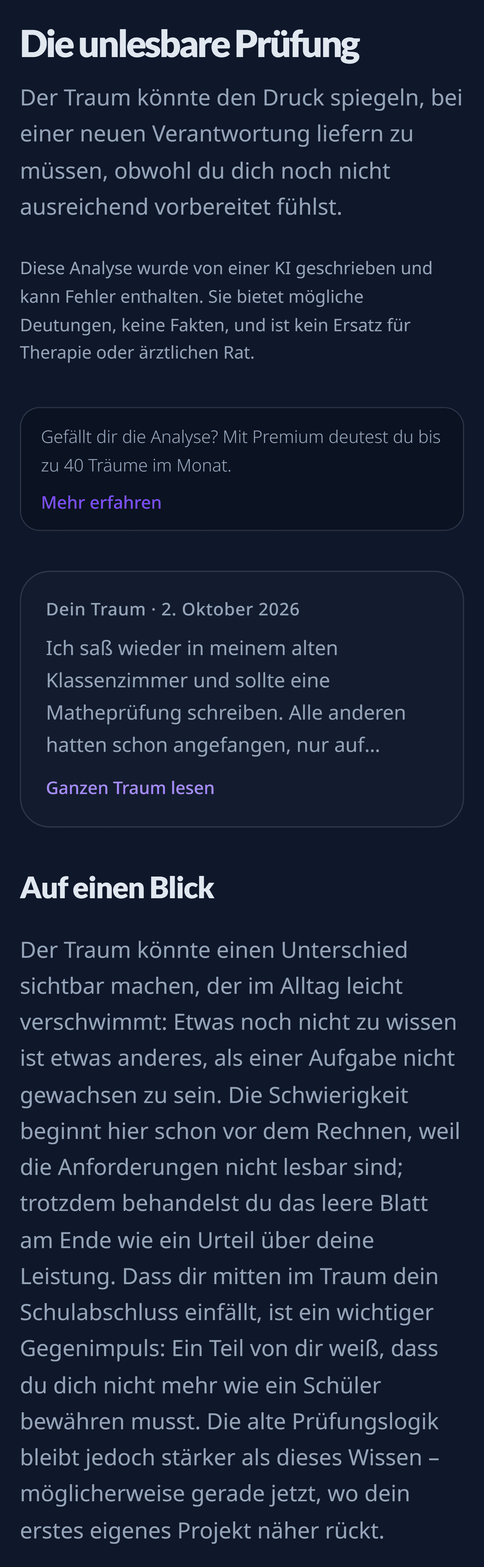 Der Anfang einer Analyse von Dreavie: Titel „Die unlesbare Prüfung“, das Kernthema, der Hinweis zur KI und der Abschnitt „Auf einen Blick“