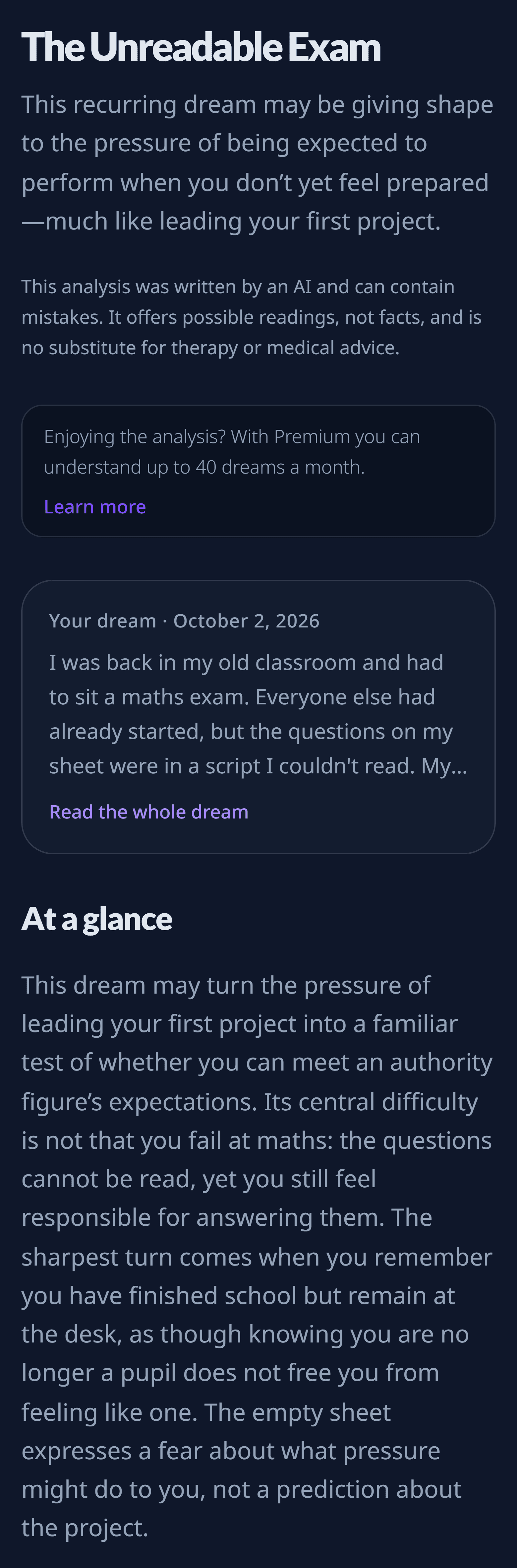 The start of a Dreavie analysis: the title “The Unreadable Exam”, the core theme, the AI notice and the section “At a glance”