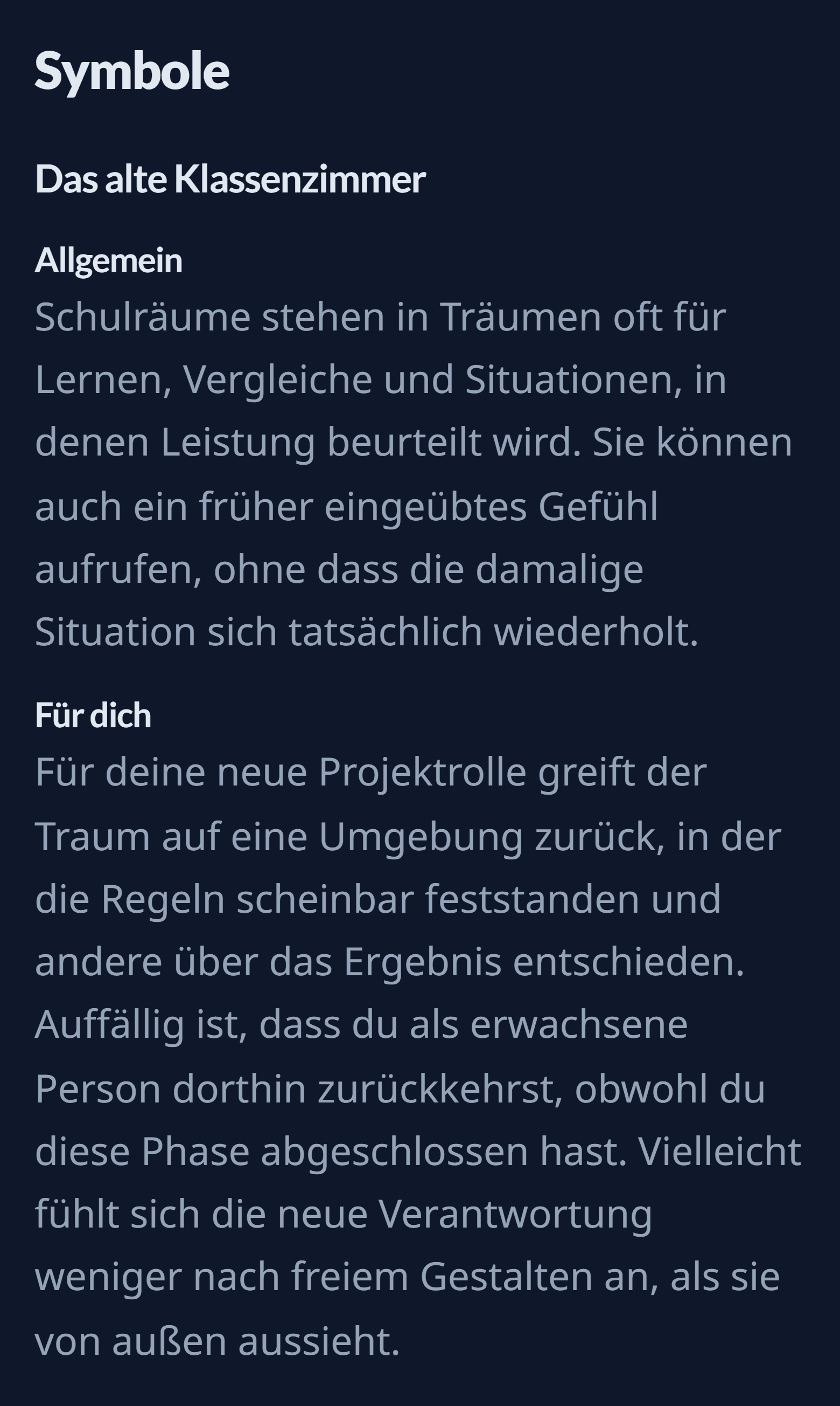 Das Symbol „Das alte Klassenzimmer“ aus der Beispielanalyse mit den beiden Absätzen „Allgemein“ und „Für dich“