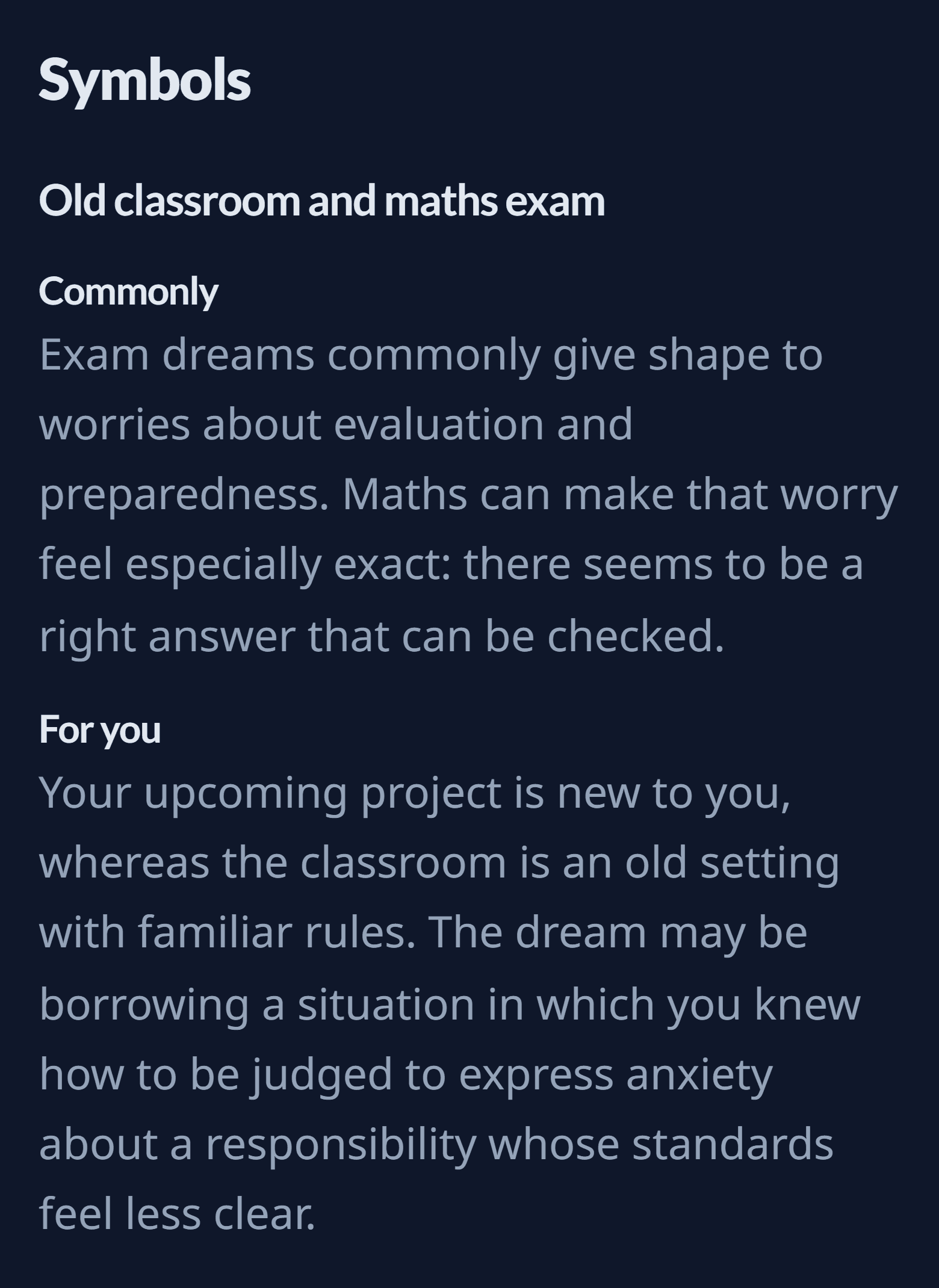 The symbol “Old classroom and maths exam” from the example analysis with its two paragraphs “Commonly” and “For you”