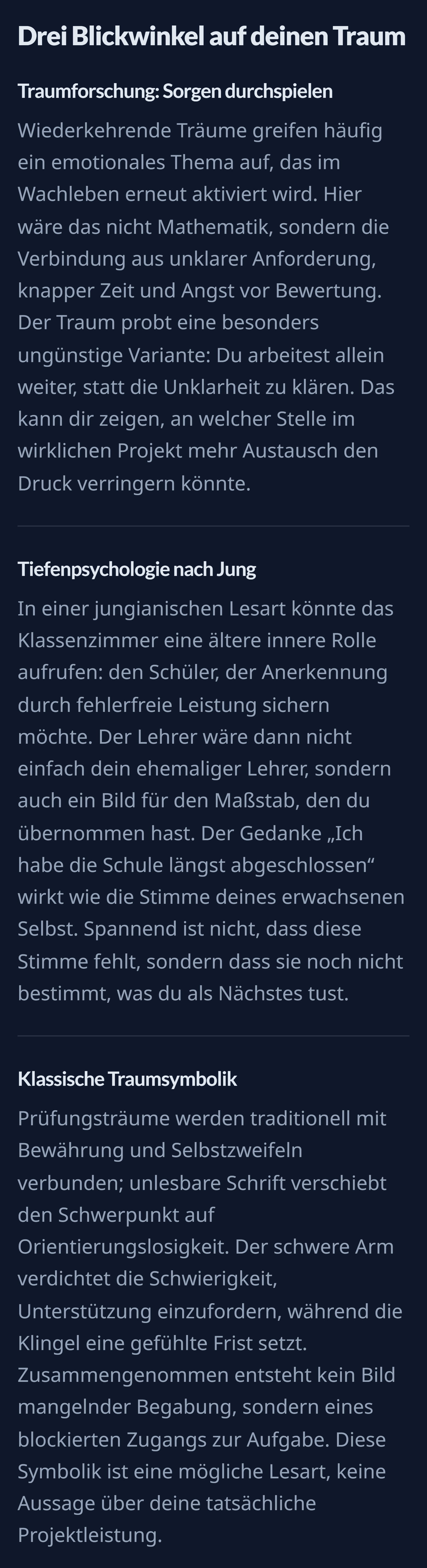 Der Abschnitt „Drei Blickwinkel auf deinen Traum“ mit den Lesarten Traumforschung, Tiefenpsychologie nach Jung und klassische Traumsymbolik
