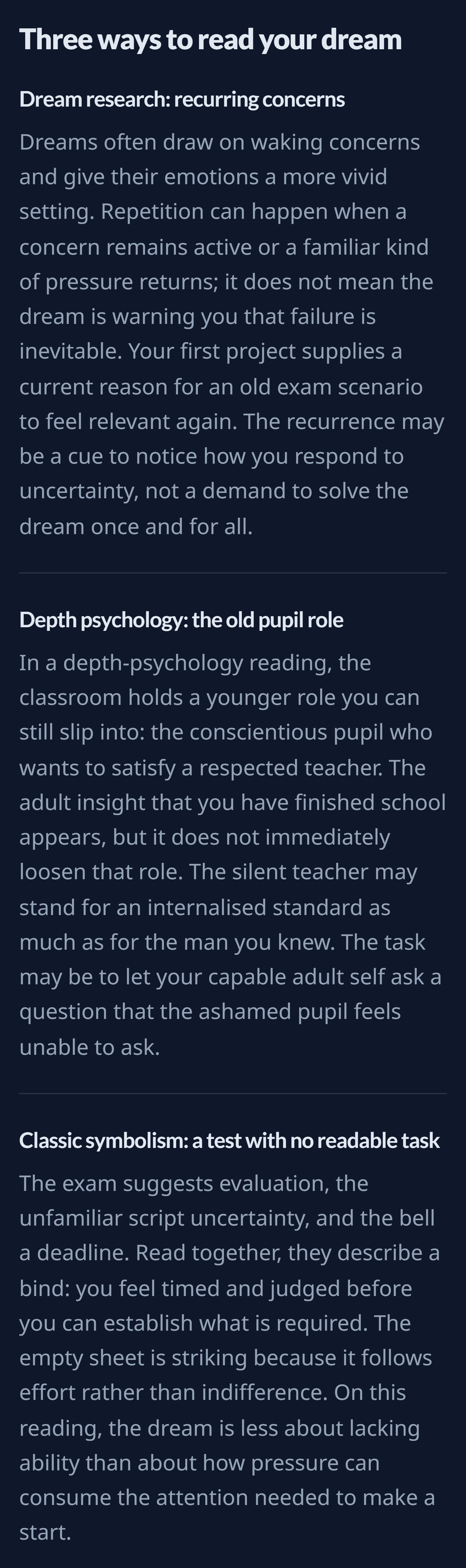 The section “Three ways to read your dream” with readings from dream research, depth psychology and classic symbolism