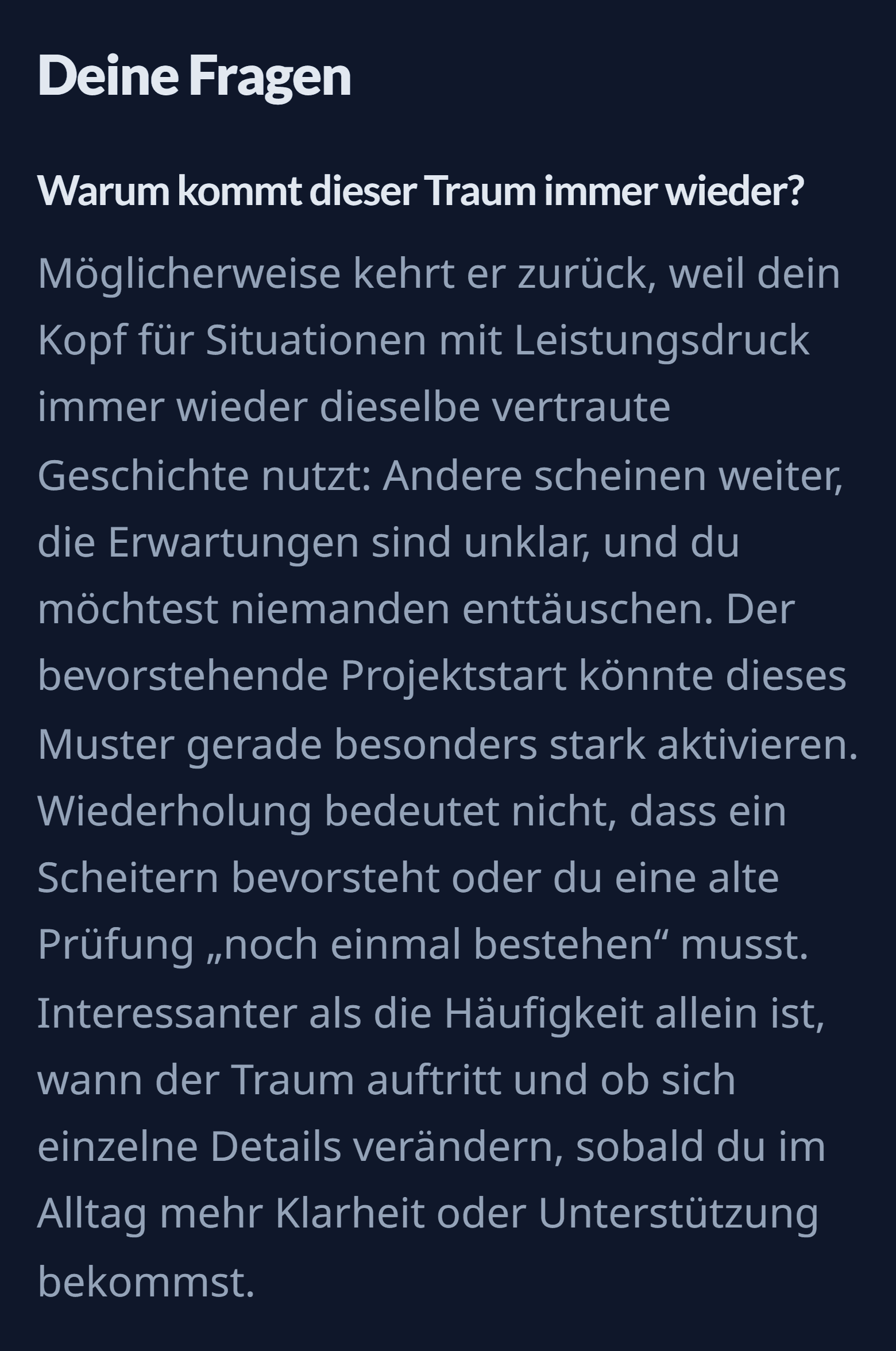 Der Abschnitt „Deine Fragen“ mit der Antwort auf „Warum kommt dieser Traum immer wieder?“