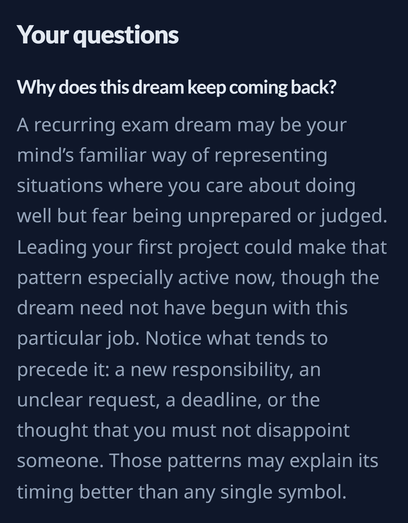 The section “Your questions” with the answer to “Why does this dream keep coming back?”