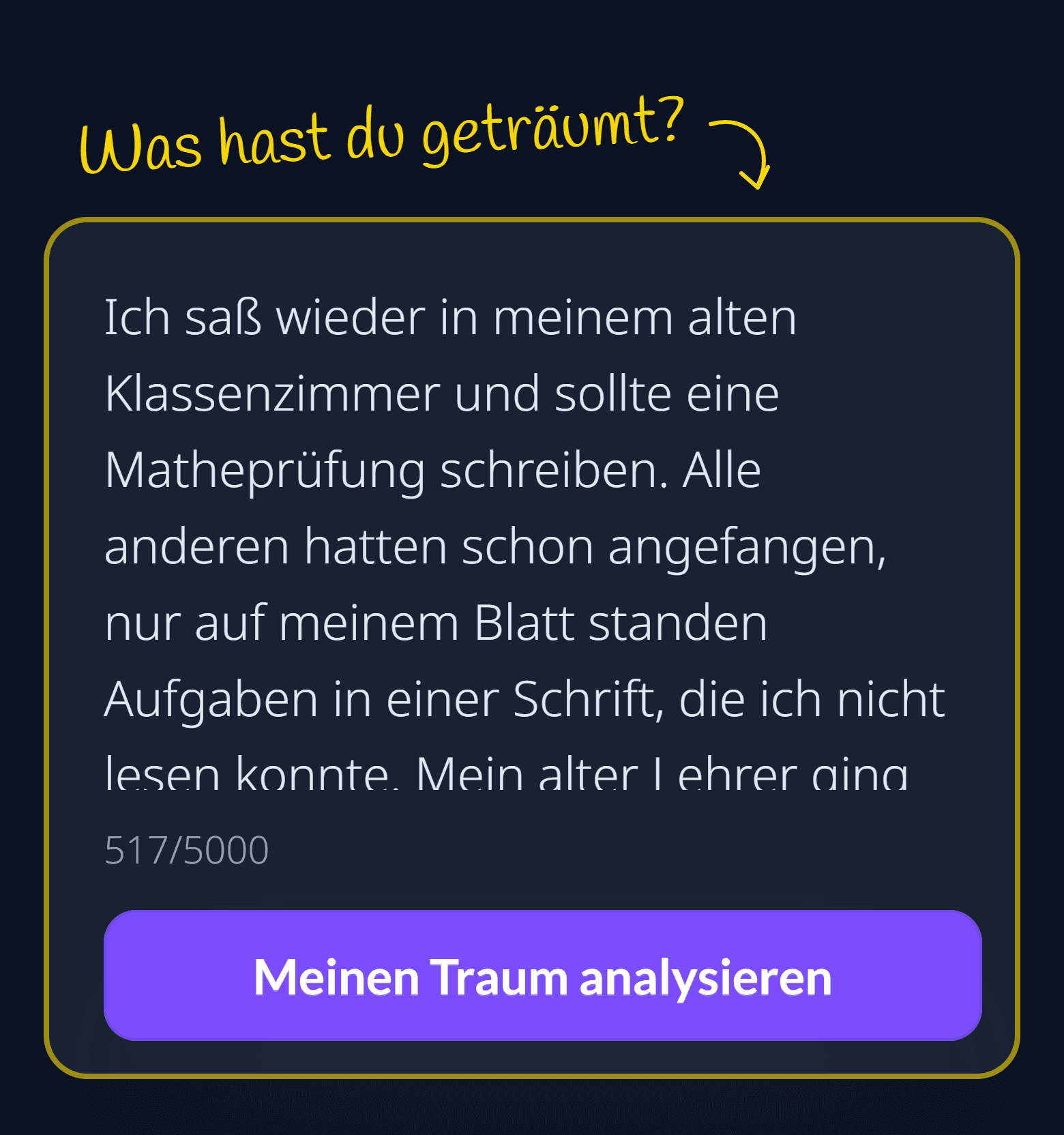 Das Traumfeld von Dreavie mit dem eingetippten Prüfungstraum, darunter der Zähler 517 von 5000 Zeichen und der Button „Meinen Traum analysieren“