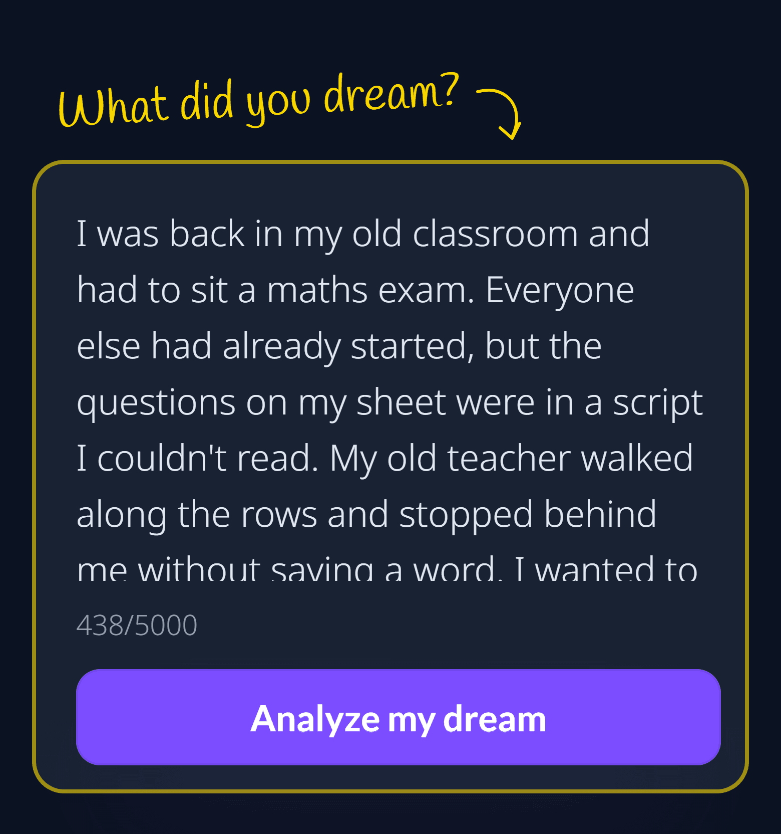 Dreavie’s dream field with the exam dream typed in, the counter at 438 of 5000 characters and the button “Analyze my dream”