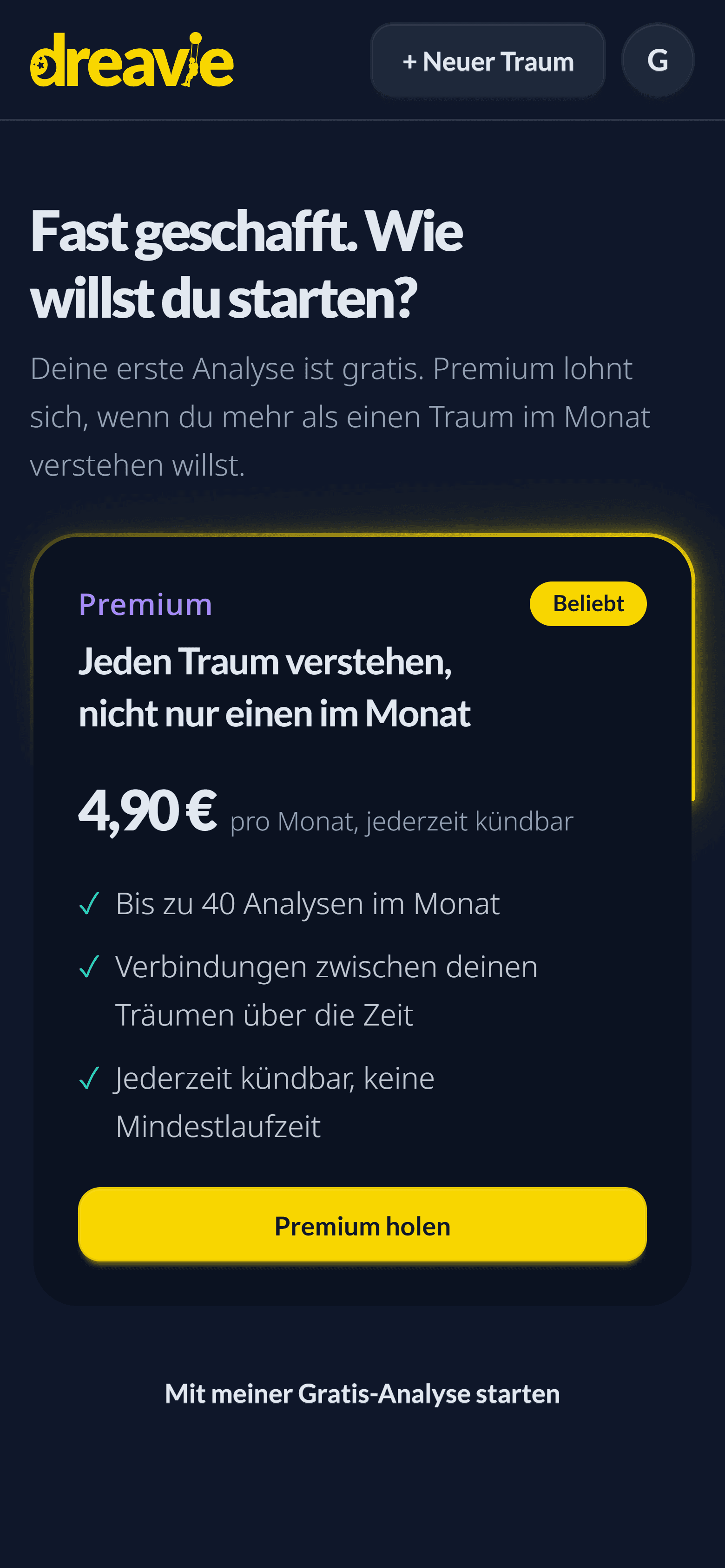 Der Bildschirm „Fast geschafft. Wie willst du starten?“ mit dem Premium-Angebot für 4,90 € pro Monat und dem Link „Mit meiner Gratis-Analyse starten“