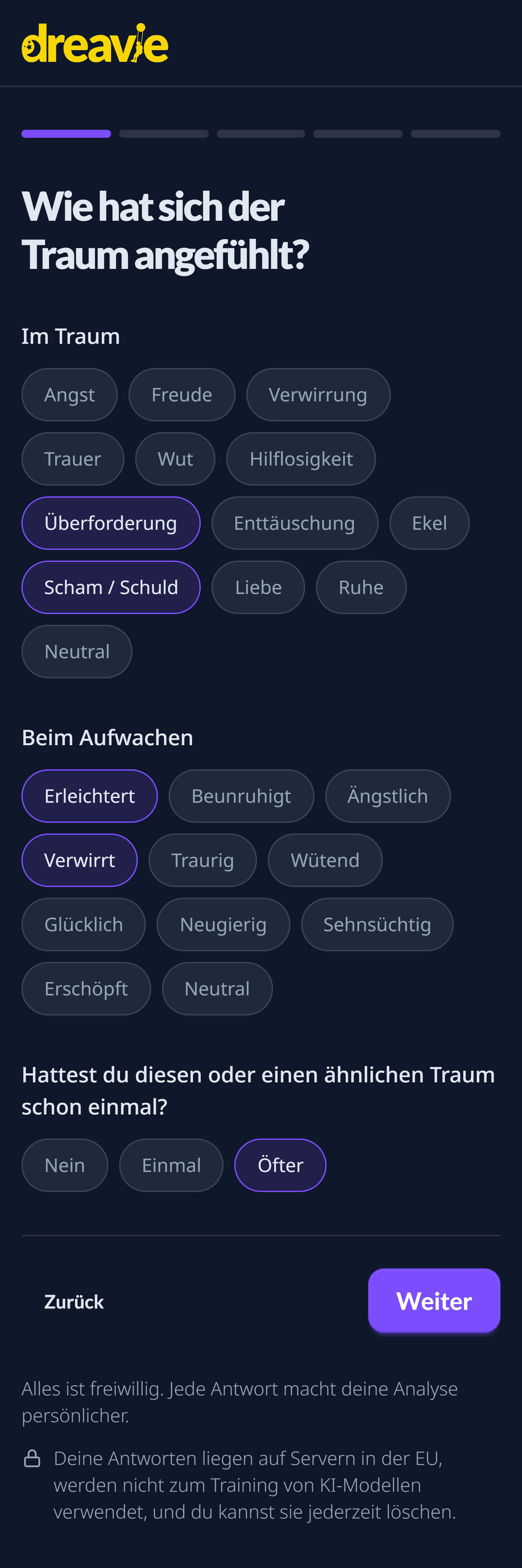 Die erste Frageseite von Dreavie: ausgewählt sind Überforderung und Scham im Traum, Erleichtert und Verwirrt beim Aufwachen und „Öfter“ bei der Frage nach der Wiederholung