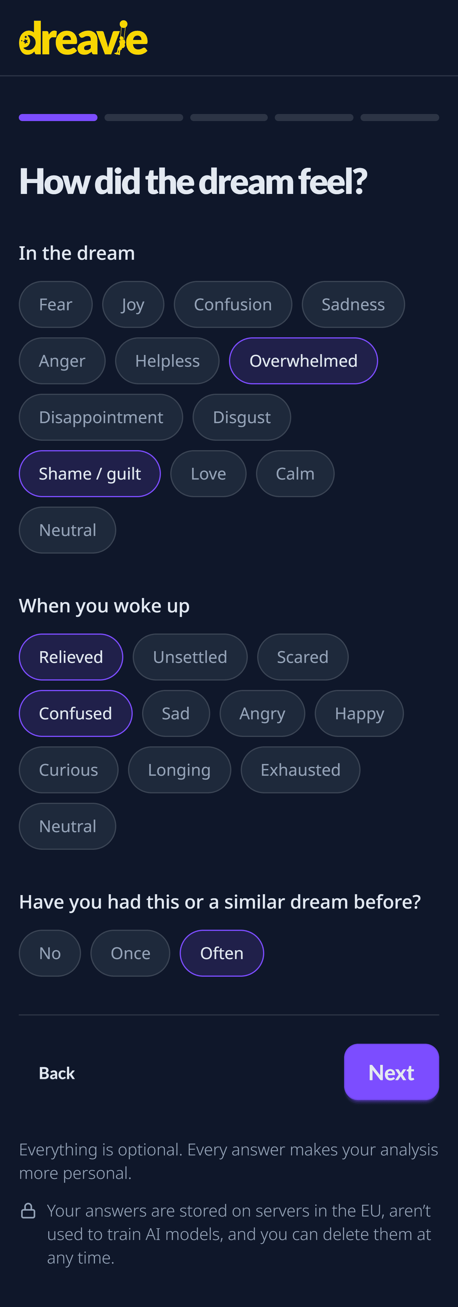 Dreavie’s first question screen with Overwhelmed and Shame / guilt selected in the dream, Relieved and Confused on waking, and “Often” for whether the dream has happened before