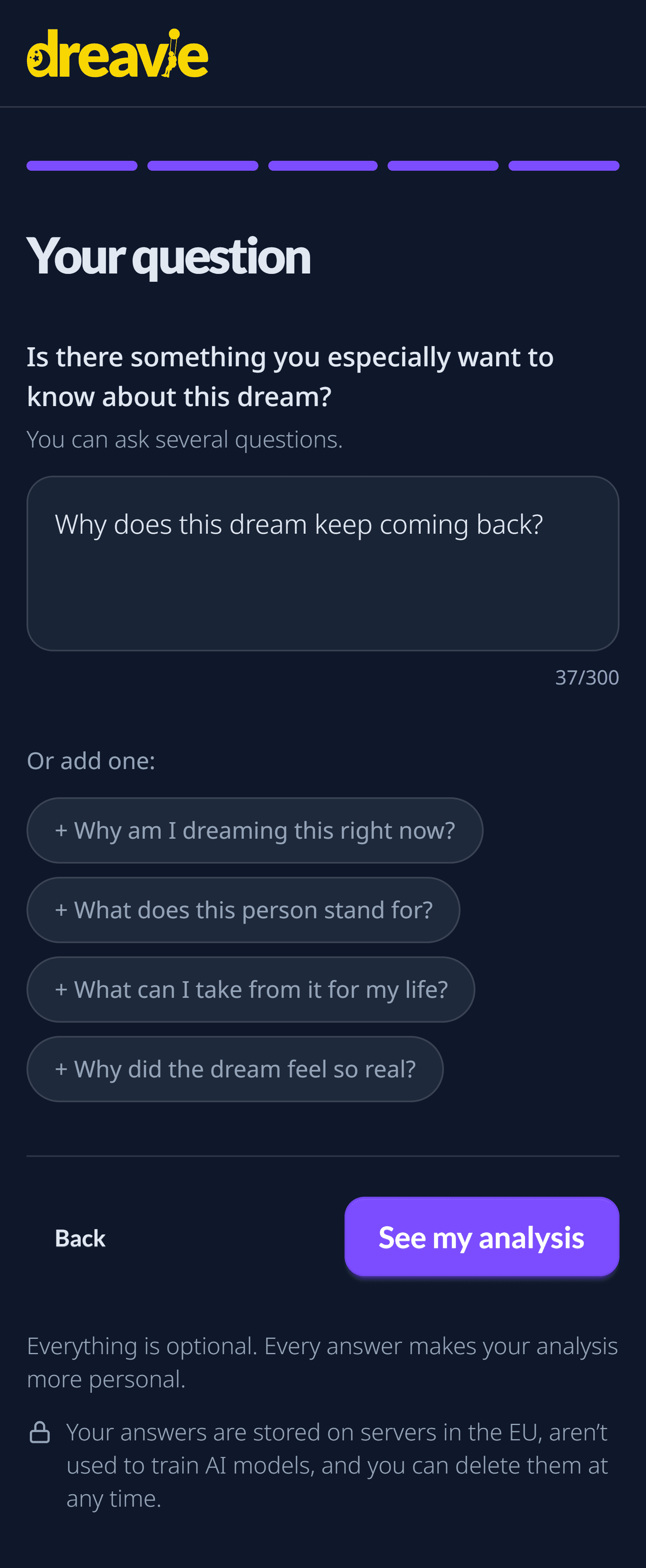 The last question screen “Your question” with the text “Why does this dream keep coming back?” and four example questions to add